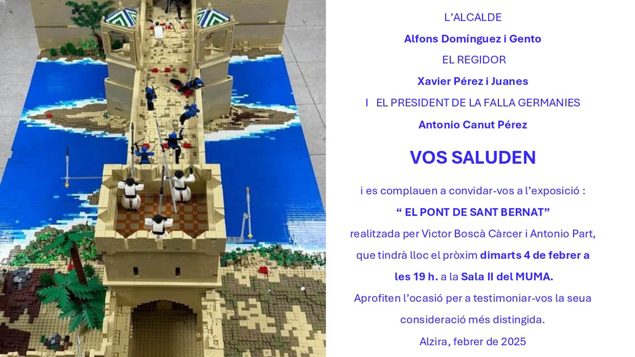 Hui s’inauguren dos exposicions: una, al MUMA d’Alzira, d’una construcció en blocs de LEGO del Pont de Sant Bernat i, l’altra, una exposició fotogràfica de la Falla Sant Joan a la Biblioteca Municipal