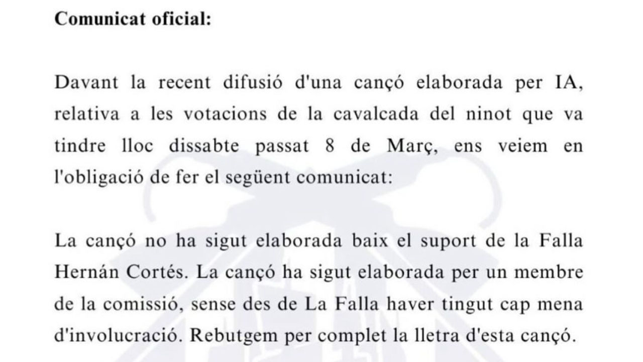 La falla Hernán Cortés es desvincula de la cançó que acusa de “tongo” la decisió el jurat en la Cavalcada del Ninot