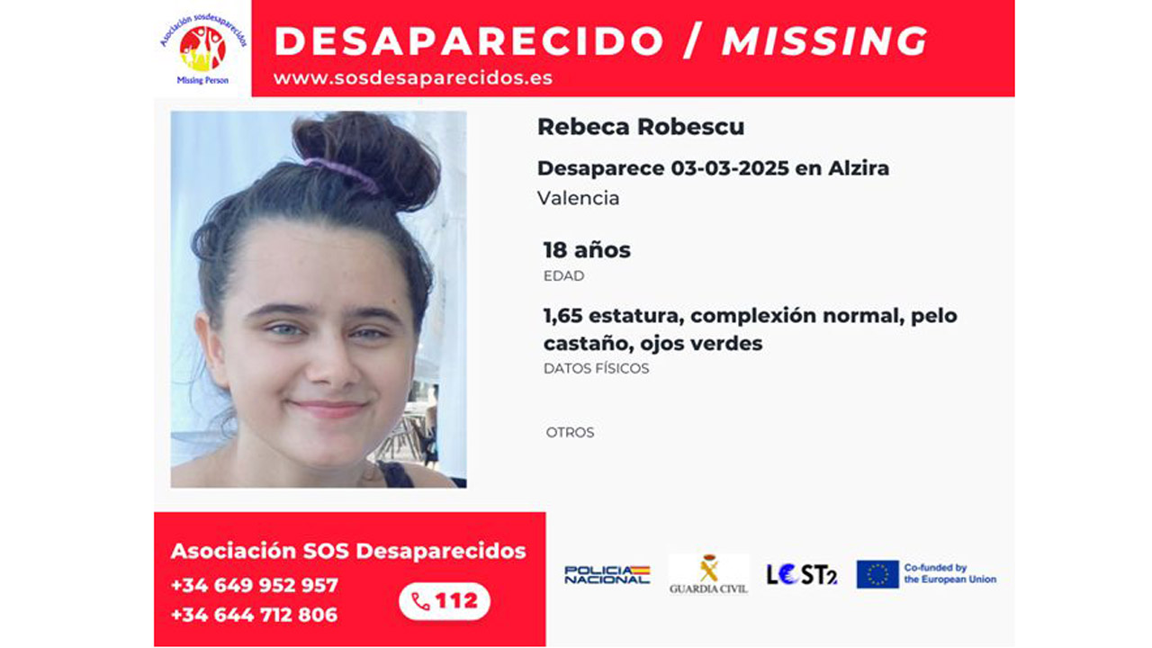 SOS Desapareguts activa una alerta als caixers automàtics d’Euronet sobre la desaparició de la jove Rebeca Robescu a Alzira