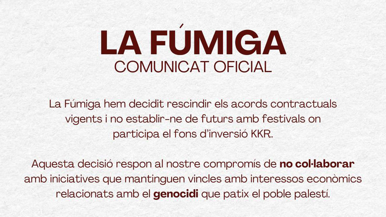 La Fúmiga es planta contra Israel i junt a altres grups es nega a participar en festivals finançats per fons pro-israelians