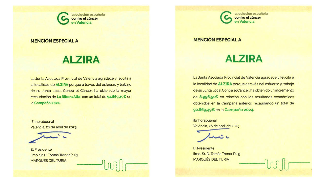 L’Associació Espanyola Contra el Càncer atorga a la Junta Local d’Alzira dos mencions especials