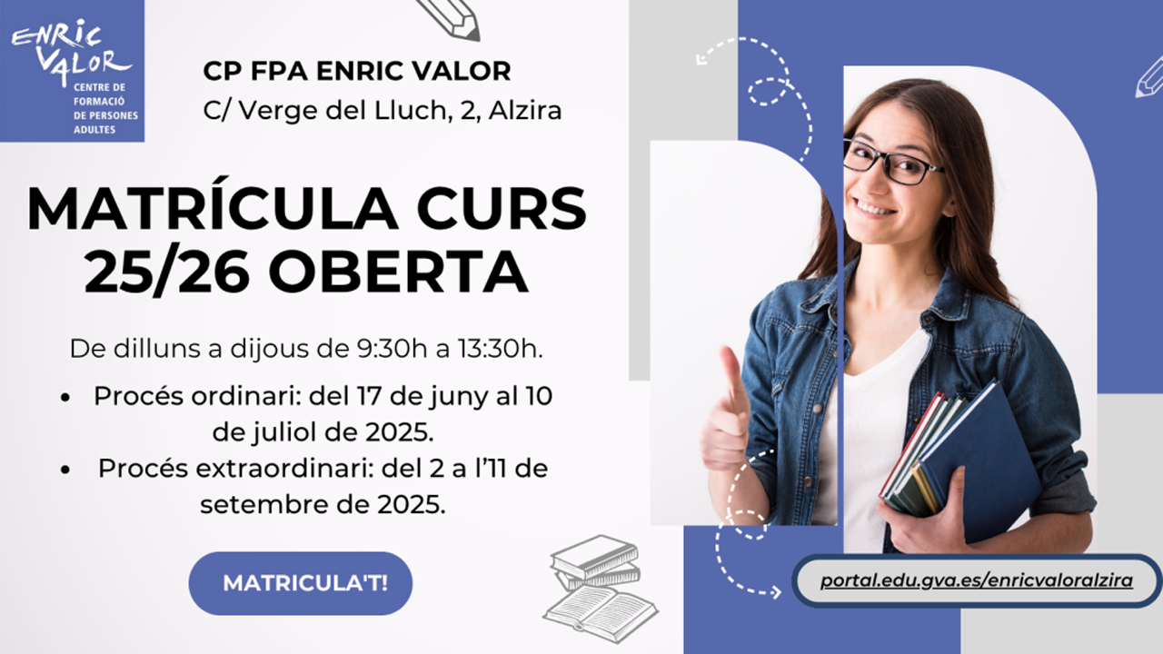 El període ordinari de matrícula de l’Escola d’Adults Enric Valor, obert fins el pròxim 10 de juliol