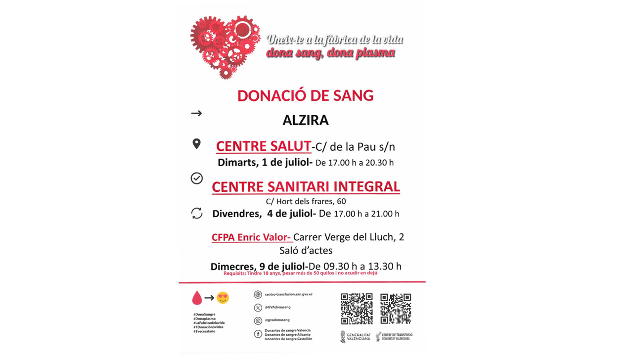 Alzira acull esta vesprada un nova jornada de donació de sang al Centre de Salut del carrer Hort dels Frares