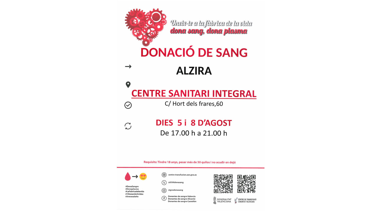 El Centre de Transfusions desplaça les seues unitats mòbils al Centre de salut d’Hort dels Frares esta vesprada i el pròxim dijous