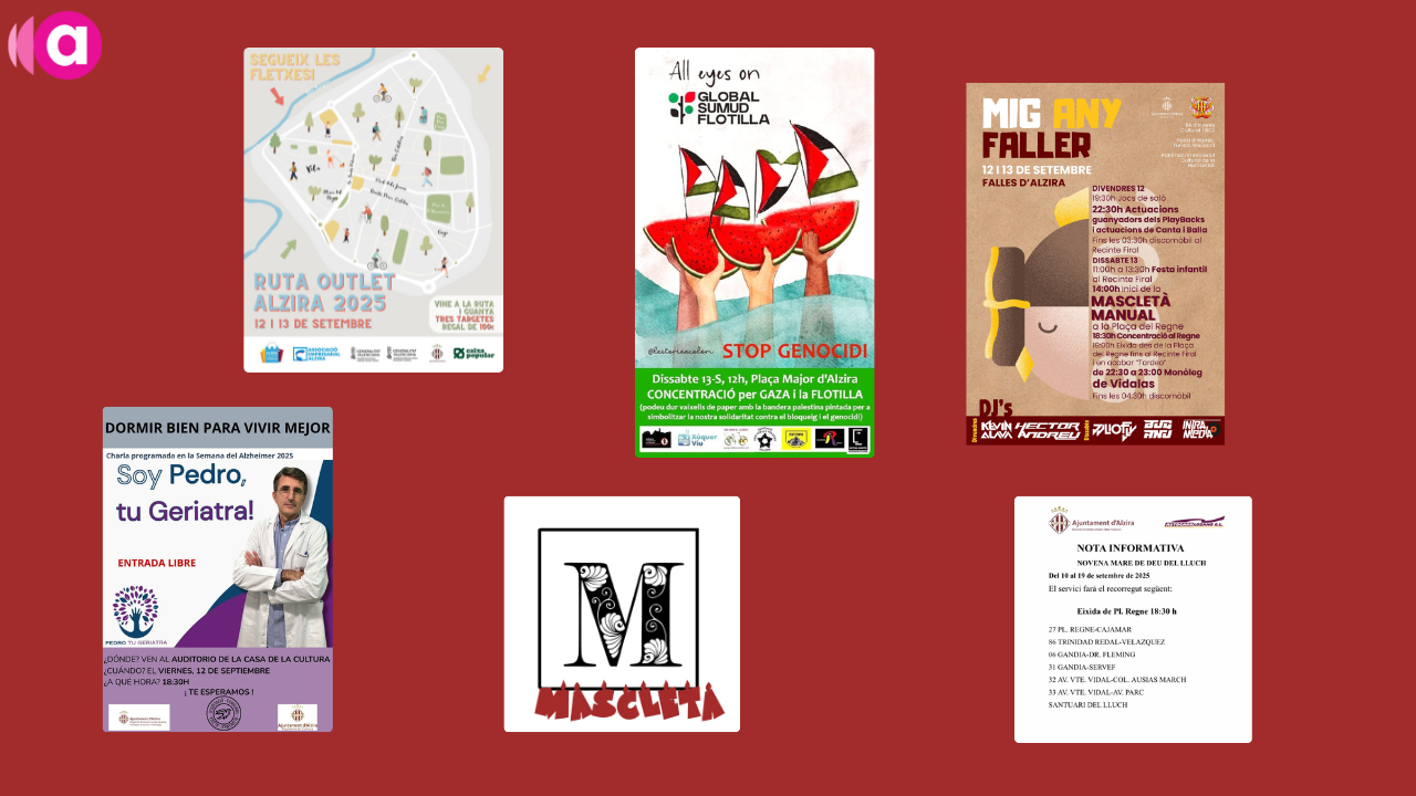 Agenda: Ruta Outlet, Mig Any Faller, concentració per Palestina, xarrada en la Setmana de l’Alzhèimer, estrena de “Mascletà!” i Mare de Déu del Lluch