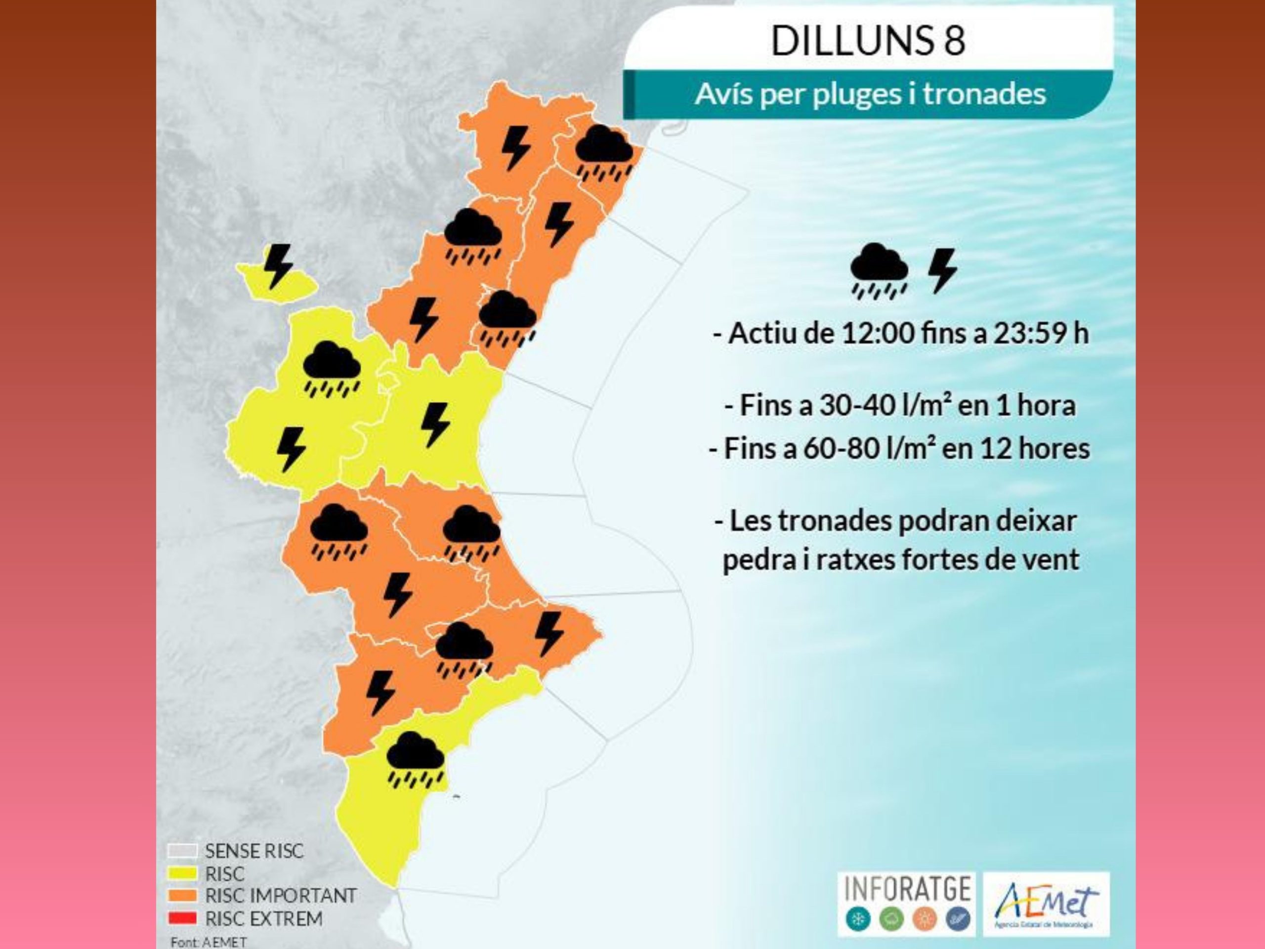 ALERTA TARONJA:  S’esperen ruixats poc persistents però intensos.