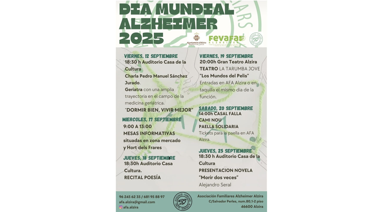 L’AFA d’Alzira organitza activitats esta setmana per a commemorar el Dia Mundial de l’Alzhèimer