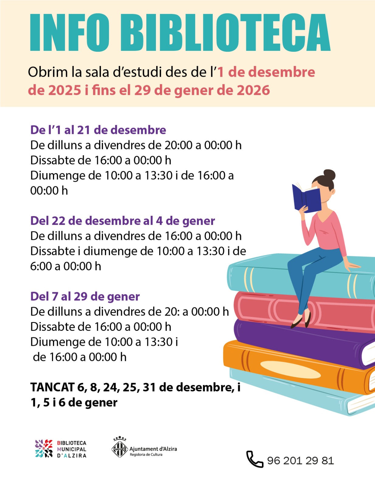 La sala d’estudi de la Biblioteca Municipal adoptarà l’horari d’exàmens de l’1 de desembre al 29 de gener