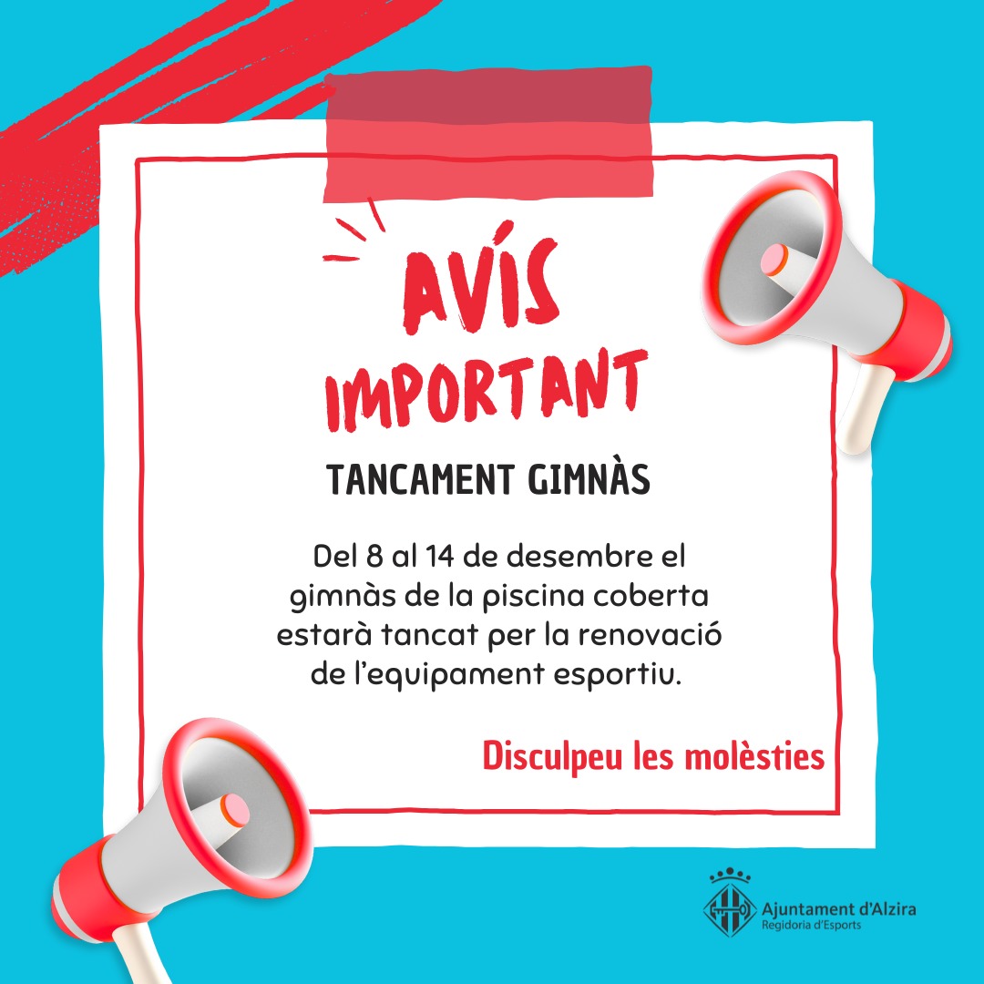 El gimnàs de la piscina coberta tanca del 8 al 14 de desembre