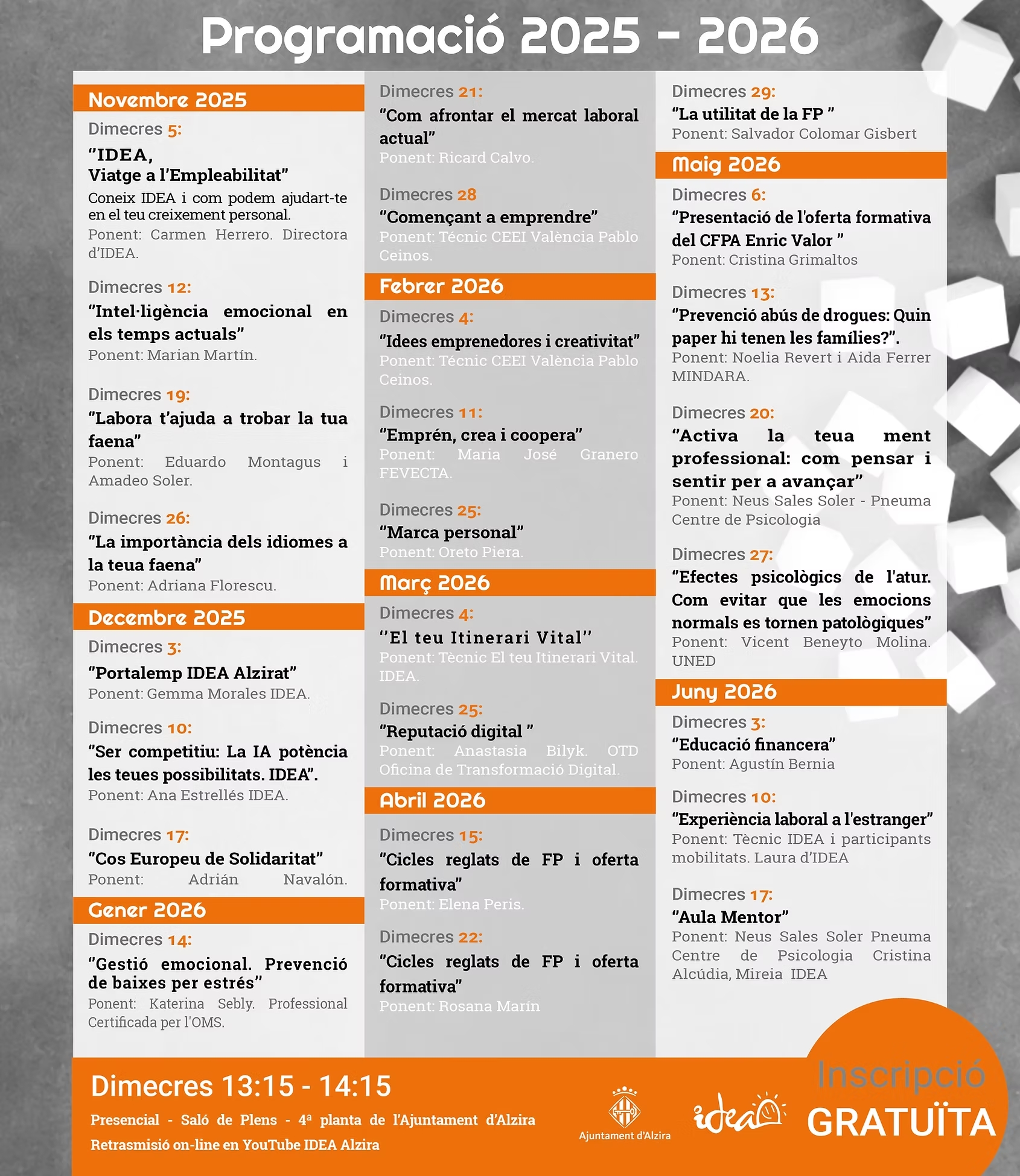 IDEA reprén en novembre el cicle de monogràfics, un programa formatiu consolidat al qual assistixen 1500 persones cada any