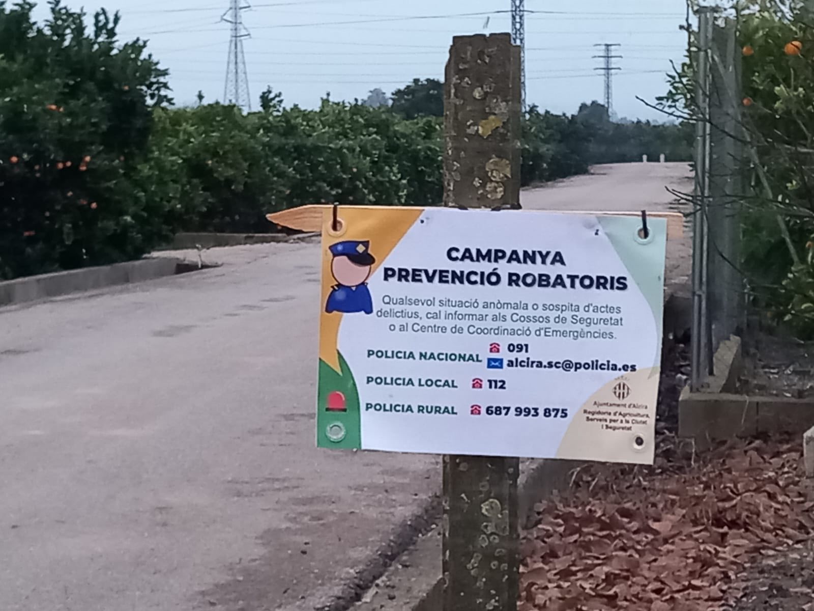 L’Ajuntament d’Alzira inicia una campanya de prevenció de robatoris al camp i demana la col·laboració dels agricultors