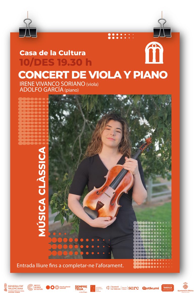 L’agenda cultural s’avança al dimecres amb una concert de piano i viola protagonitzat per l’alzirenya Irene Vivanco