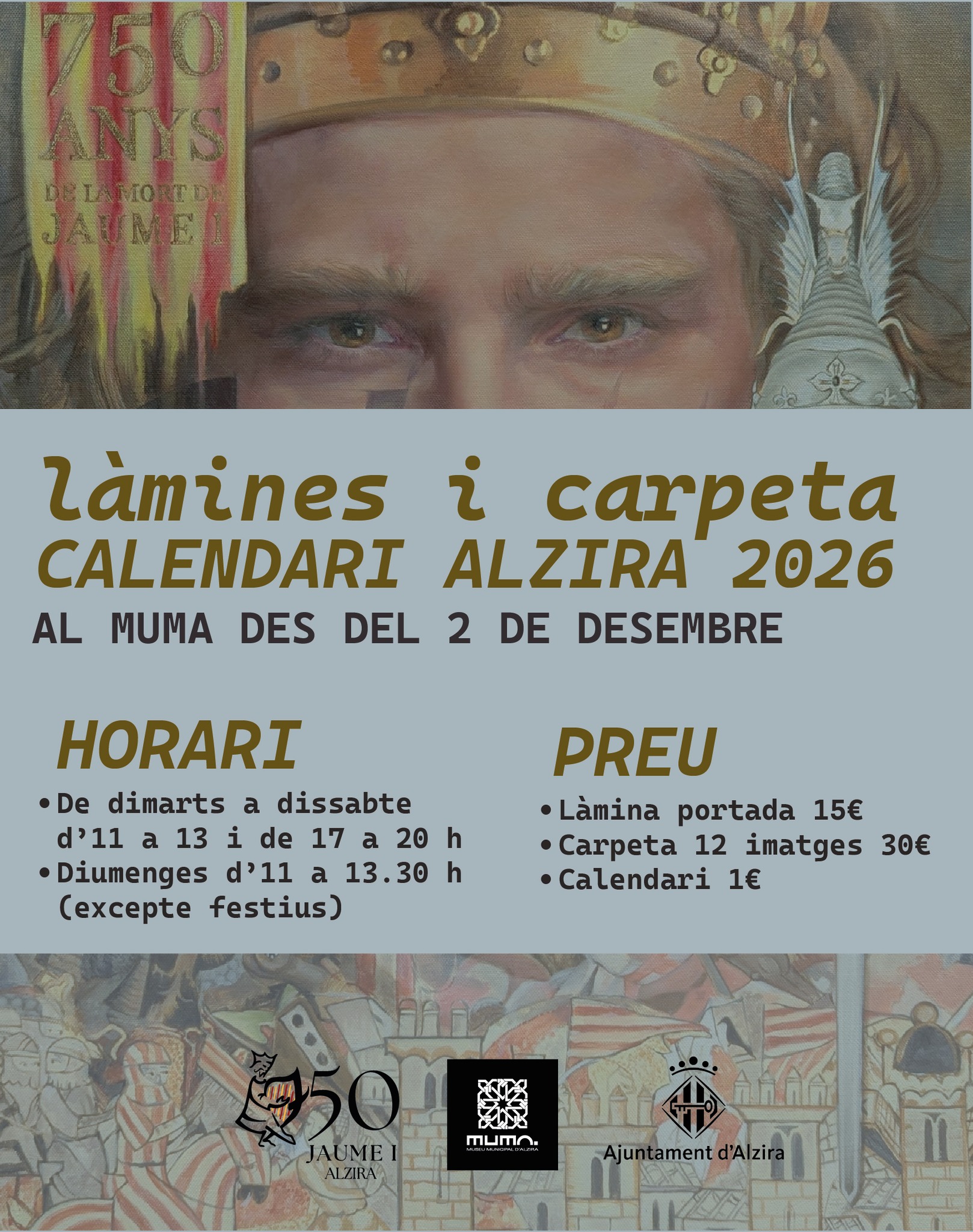 A la venda la làmina de la portada i la carpeta amb les il·lustracions del calendari de 2026 dedicat a Jaume I