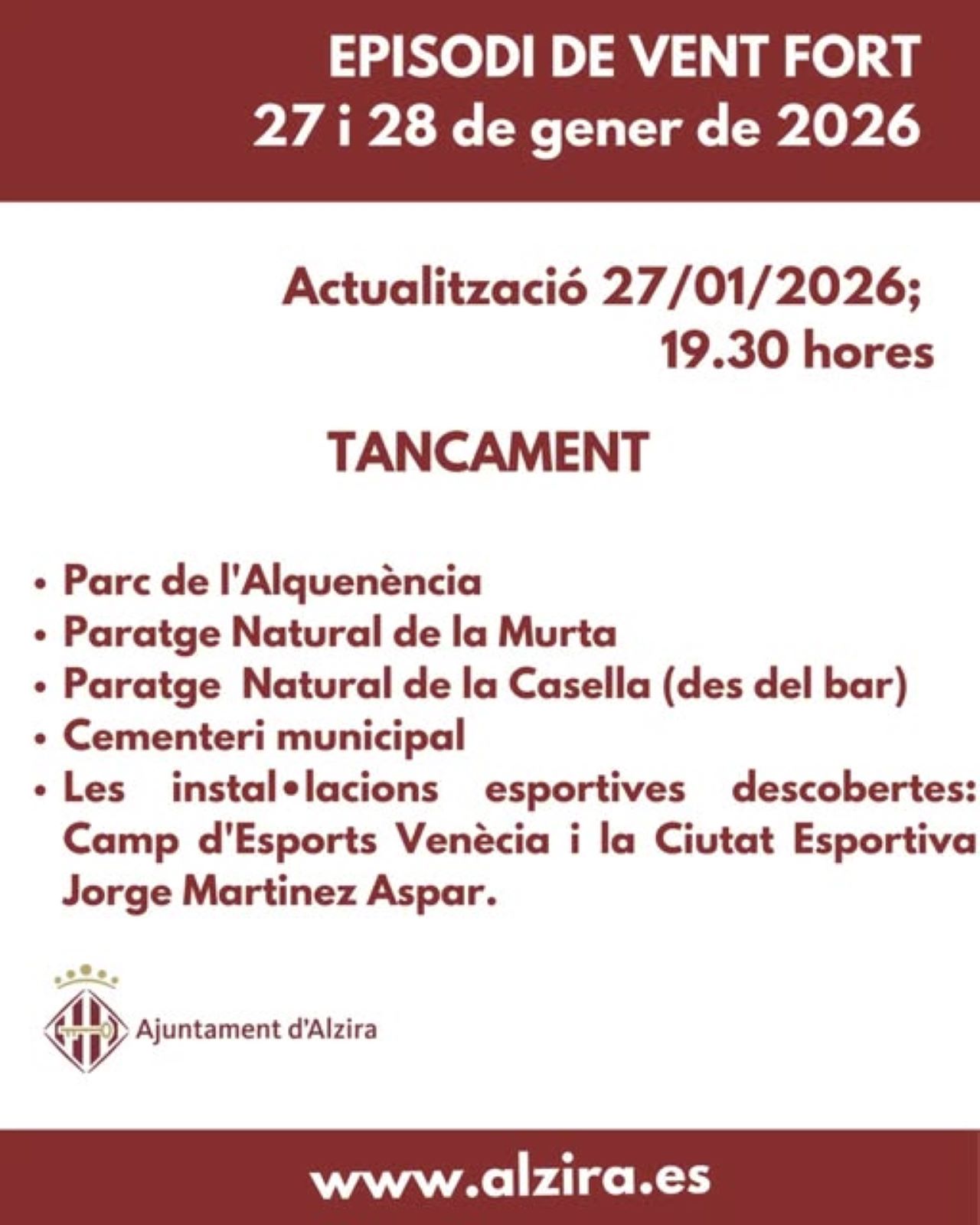 Davant l’activació de l’avís groc per forts vents, l’Ajuntament d’Alzira demana prudència a la ciutadania i tanca diversos espais municipals a l’aire lliure com parcs o instal•lacions esportives.