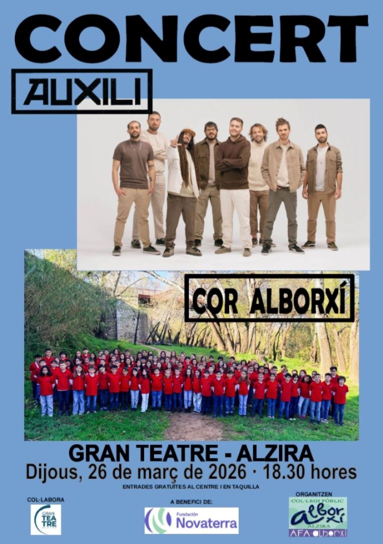 Demà es farà un concert solidari de la mà del grup valencià Auxili junt amb el Cor del col·legi l´Alborxí al Gran Teatre d´Alzira per recollir fons per a la Fundació Novaterra.