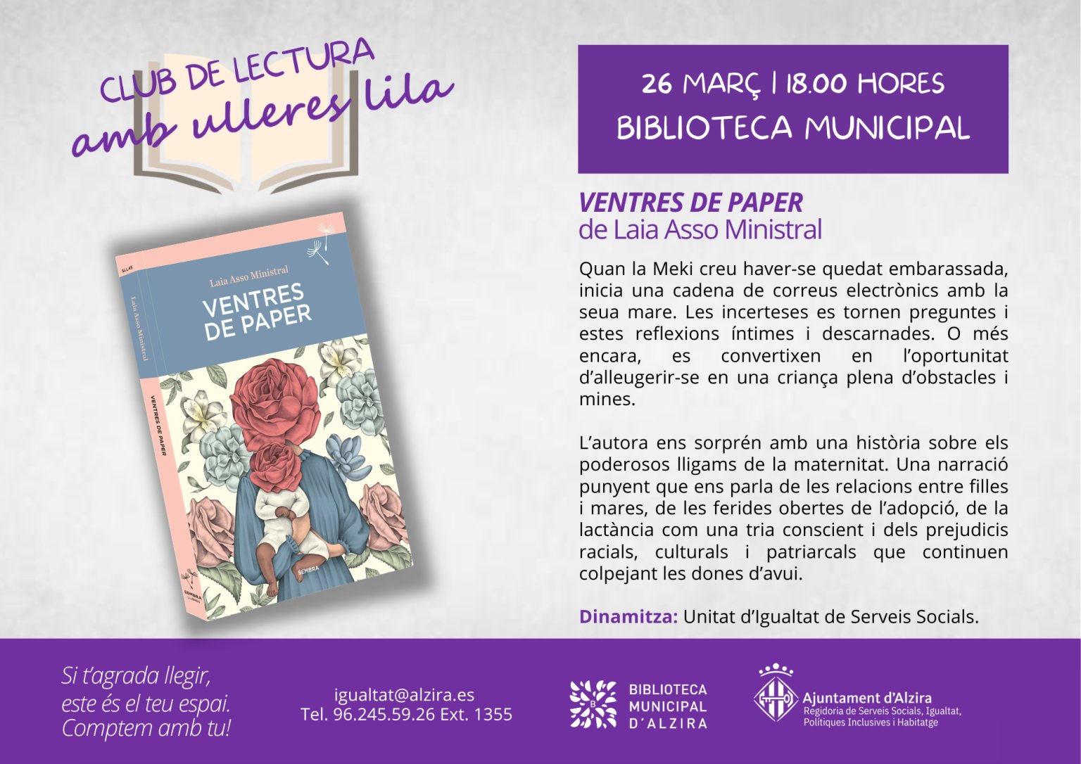 La Biblioteca Municipal d’Alzira acull el Club de Lectura Ulleres Lila amb ‘Ventres de paper’ de Laia Asso.