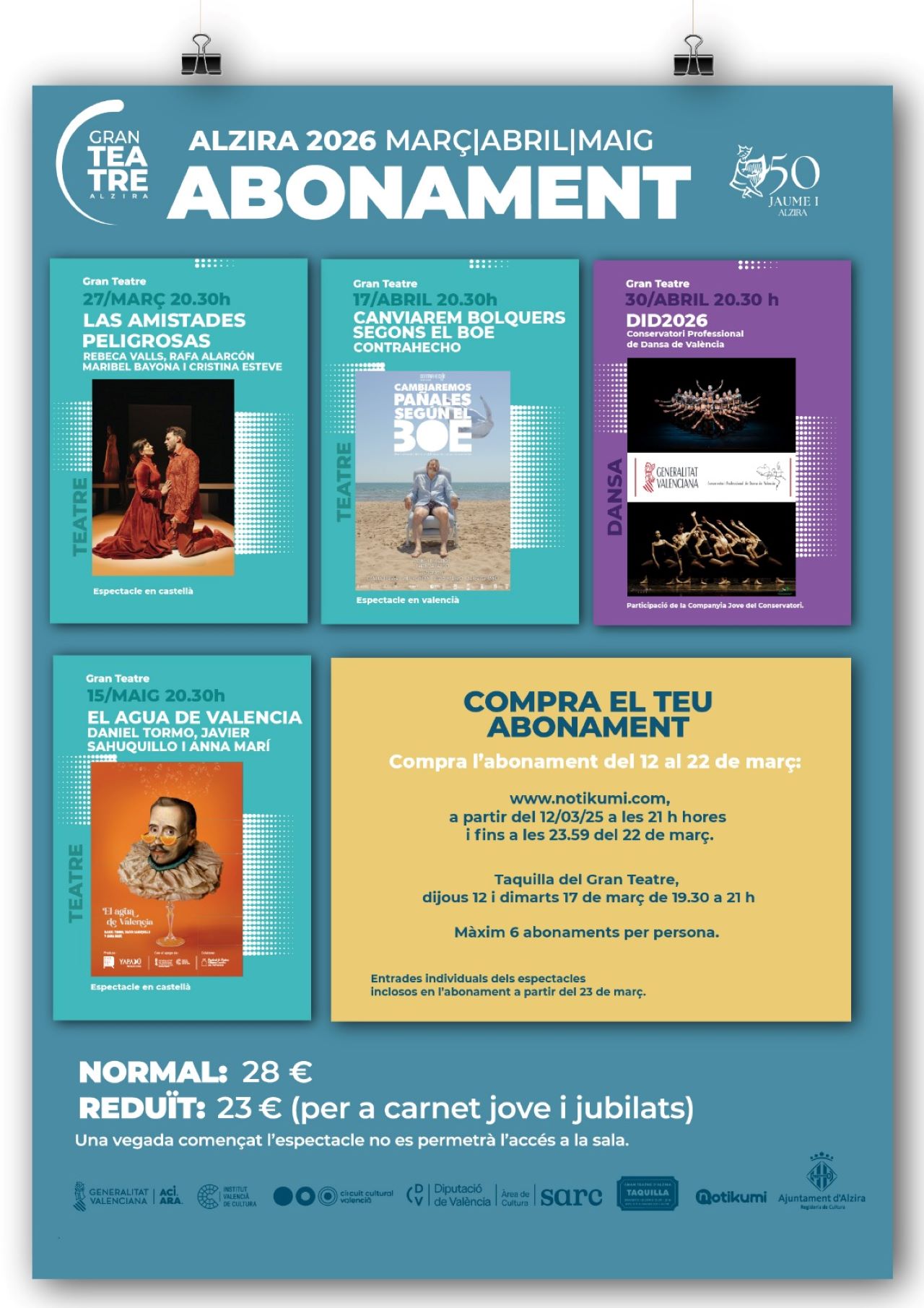 Alzira obri hui la taquilla per a la compra de l’abonament teatral per a quatre espectacles al Gran Teatre. Una mateixa persona no podrà adquirir més de sis abonaments.