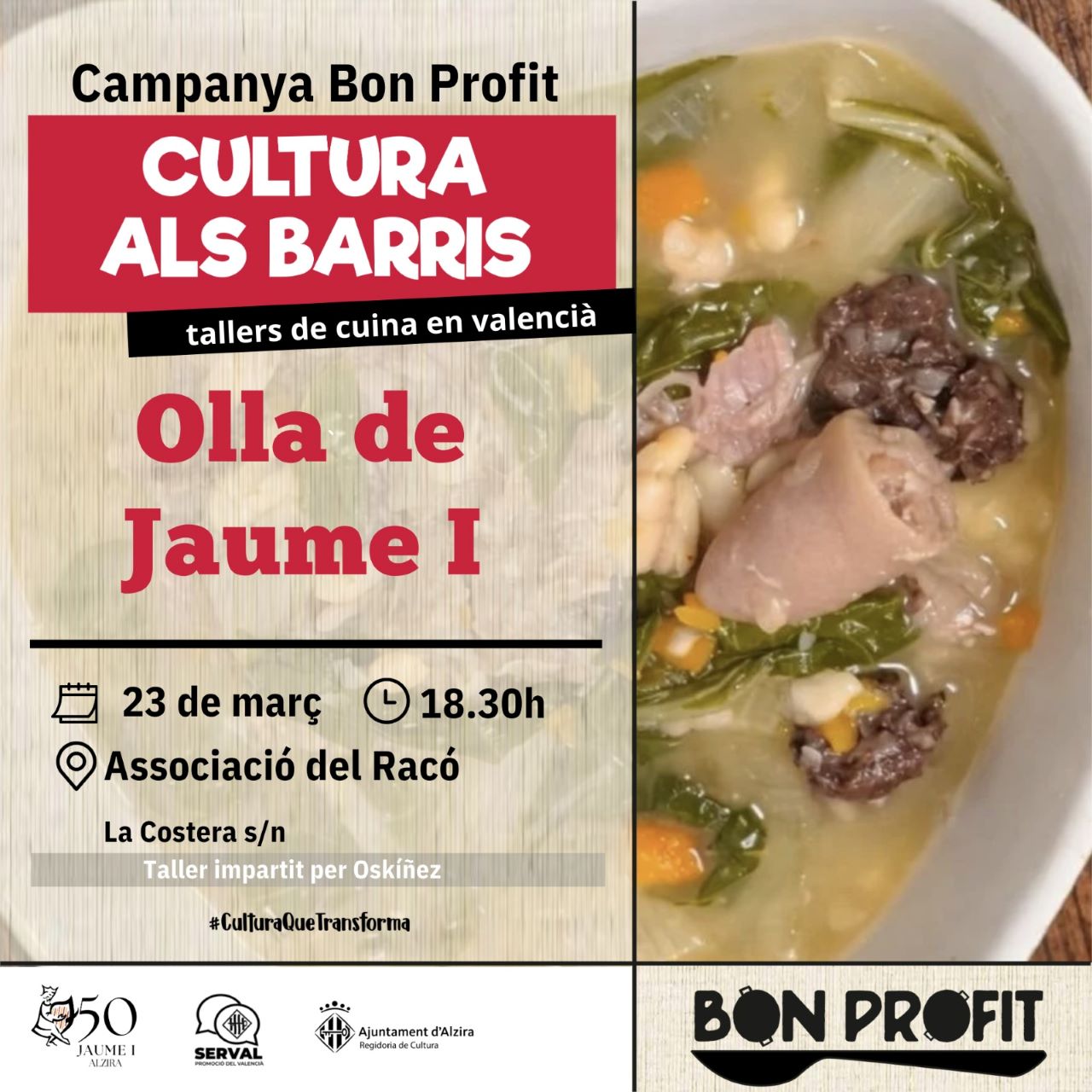 Alzira organitza un taller de cuina en valencià sobre l’Olla de Jaume I dins de la campanya ‘Bon Profit’.
