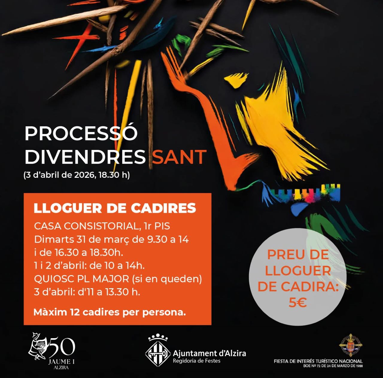 L’Ajuntament d’Alzira obre el termini de reserva de cadires per a la Processó de Divendres Sant que se celebrarà el dia 3 d’abril.