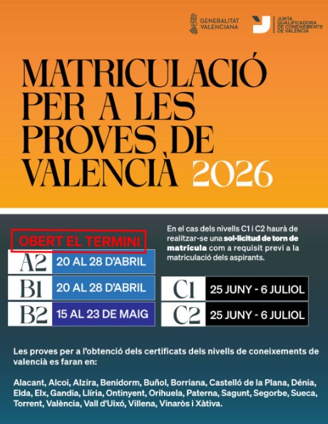 Hui finalitza el termini d’inscripció per a les proves oficials de valencià A2 i B1