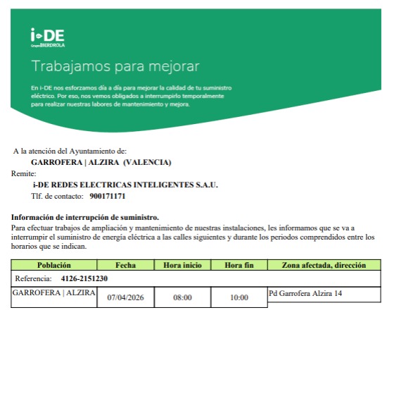 Tall de subministrament elèctric a la zona de la Garrofera.