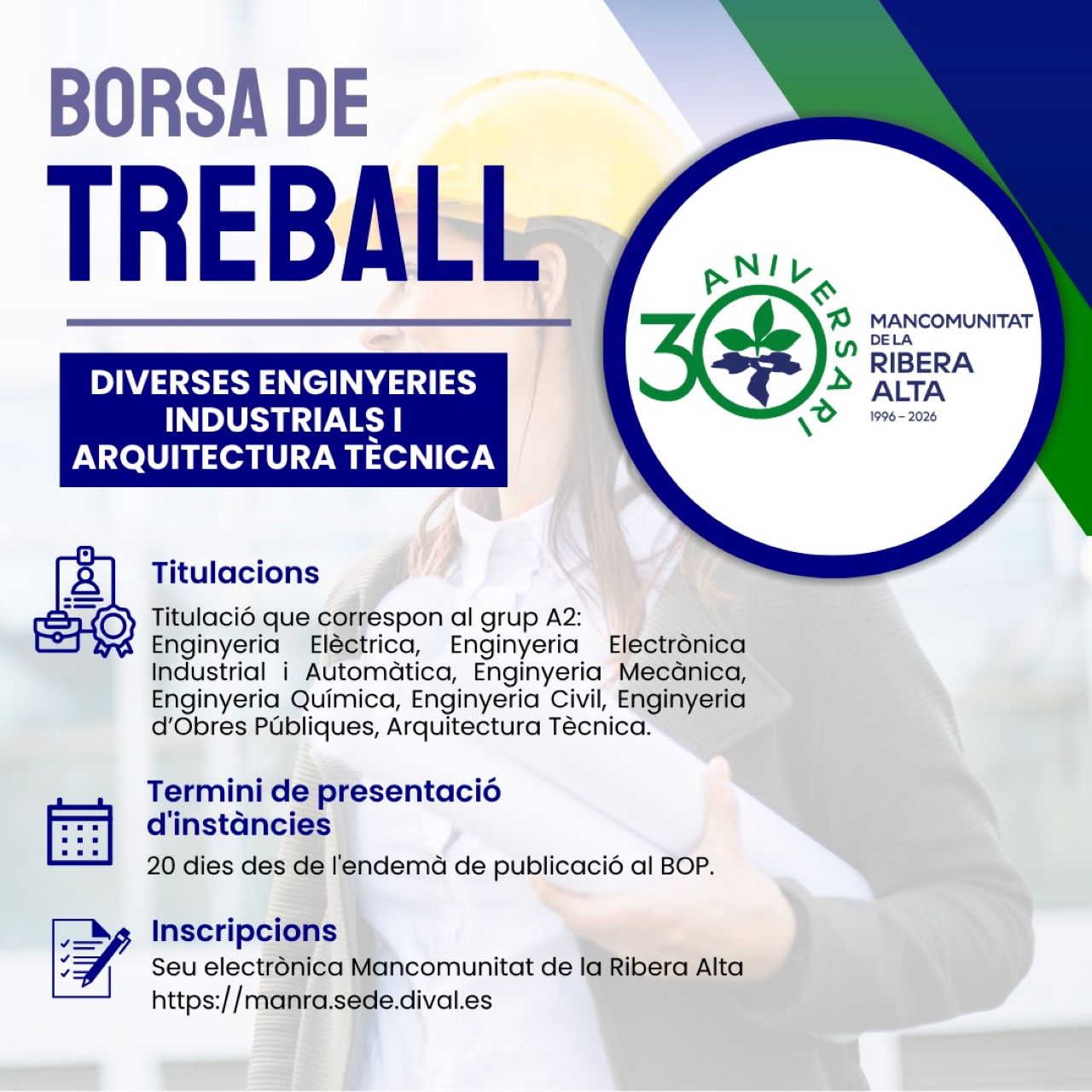 La Mancomunitat de la Ribera Alta obri una nova borsa de treball per incorporar personal tècnic especialitzat en enginyeria i edificació