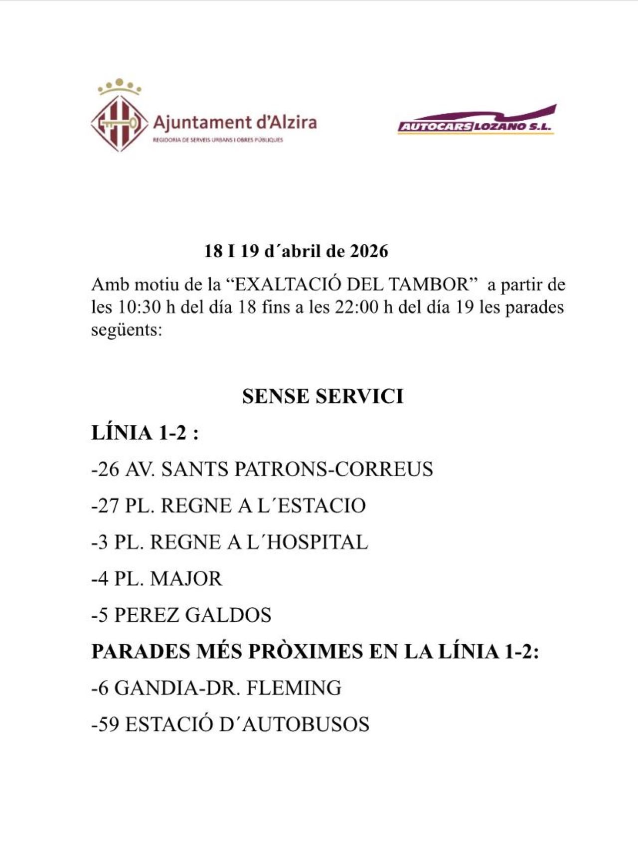 El centre d’Alzira quedarà tancat al trànsit este cap de setmana amb importants afectacions en la Línia 1-2 d’autobús urbà