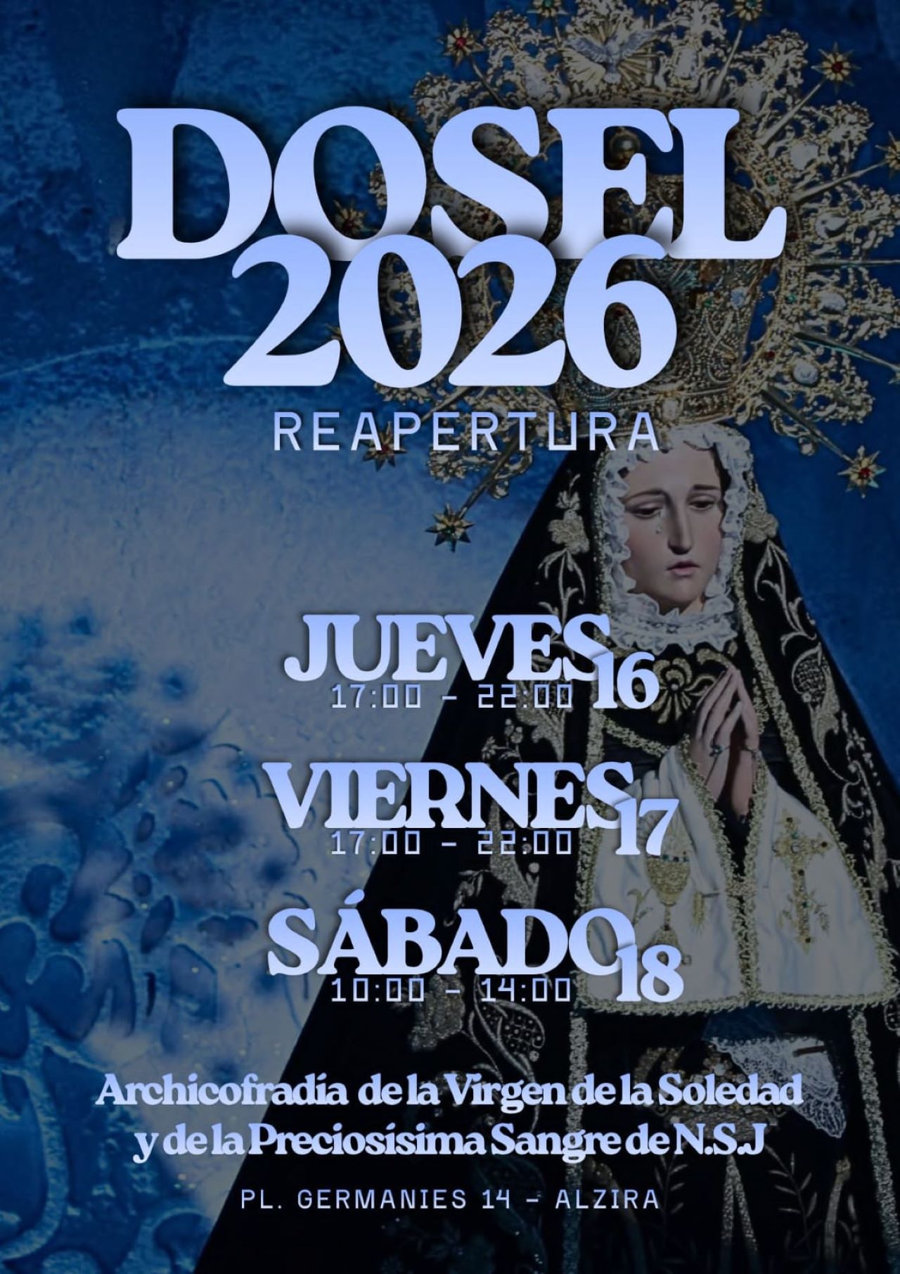 L’Arxiconfraria de la Verge de la Soledat d’Alzira reobrirà el seu dosser durant tres dies oferint una nova oportunitat per visitar-lo.