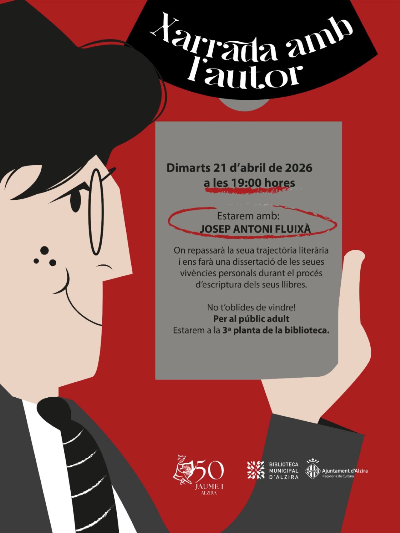 La Biblioteca Municipal d’Alzira acull una xarrada amb l’escriptor Josep Antoni Fluixà per repassar la seua trajectòria literària i comentar les seues obres