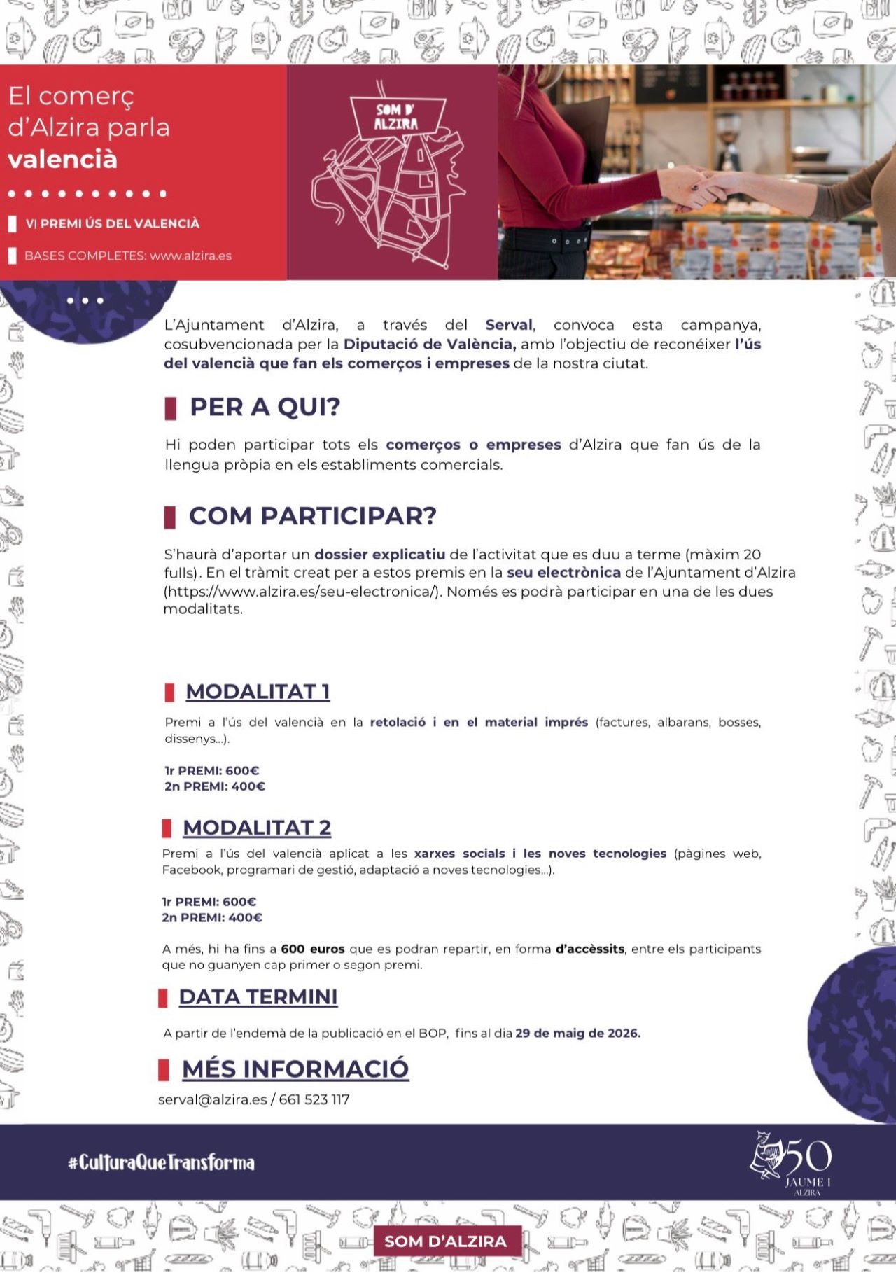 Alzira impulsa una nova edició de la campanya “El Comerç d’Alzira parla valencià” per reforçar l’ús de la llengua en el comerç local
