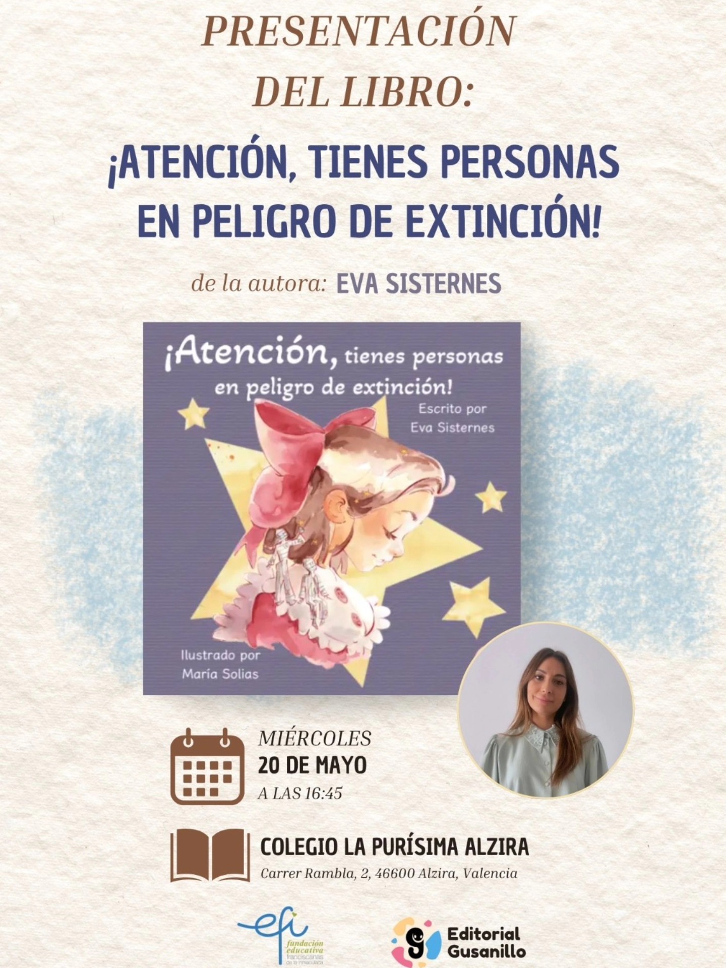 L’escriptora alzirenya Eva sisternes presenta esta vesprada el seu nou conte infantil al col•legi La Puríssima