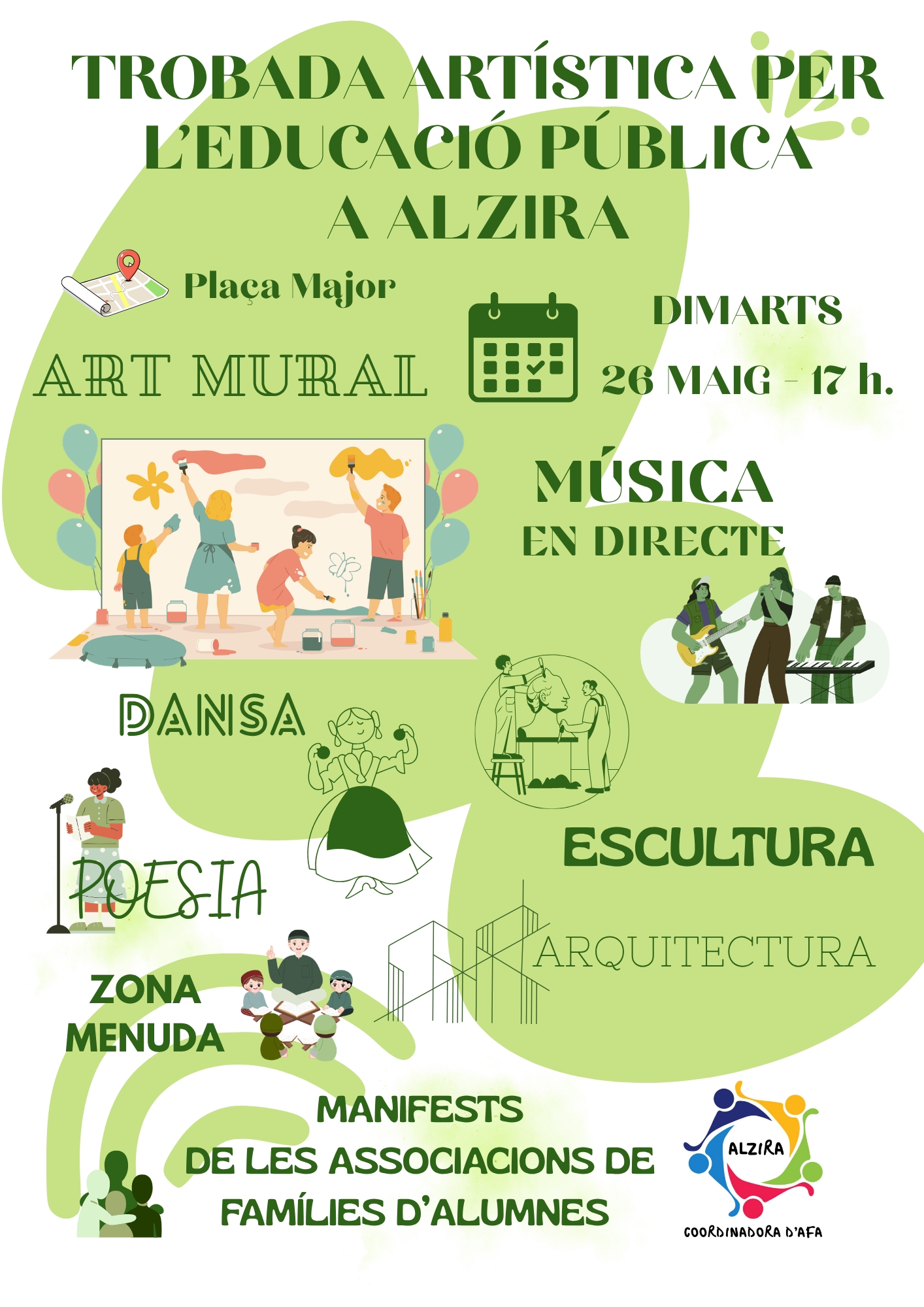 La Plaça Major d’Alzira acull hui una jornada artística i reivindicativa en defensa de l’educació pública, mentre la vaga indefinida del professorat es manté