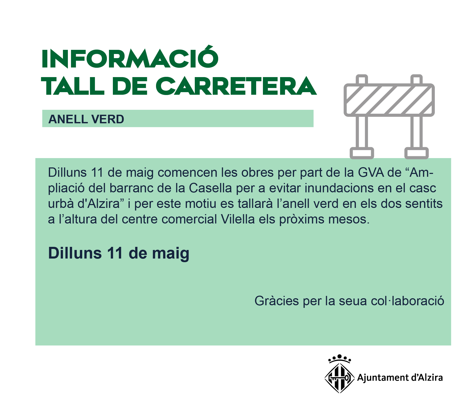 L’Ajuntament d’Alzira inicia dilluns les obres d’ampliació del barranc de la Casella, obligant al tall total de l’Anell Verd