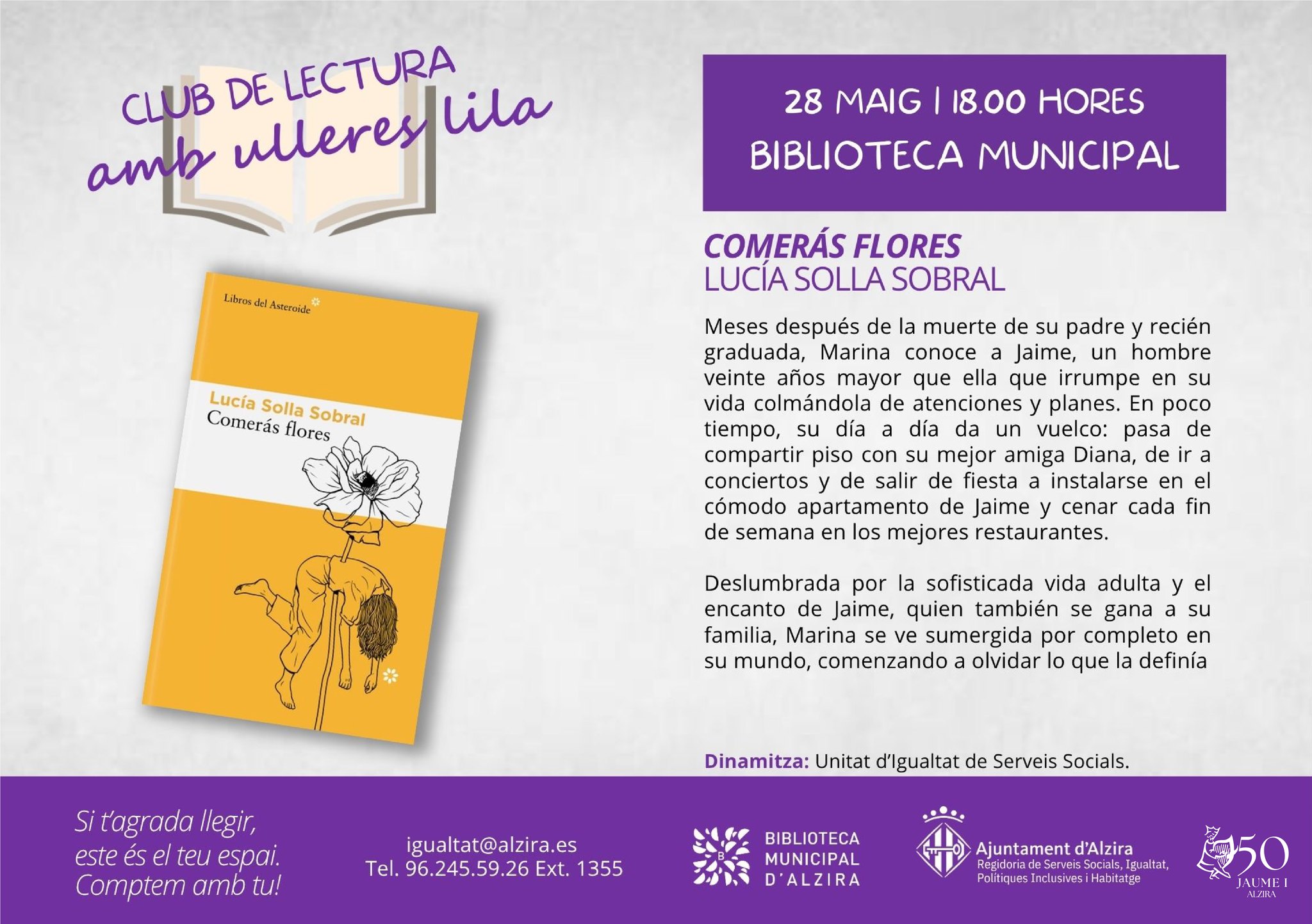 El Club de Lectura “Amb ulleres lila” tractarà demà la novel·la Comerás flores de Lucía Solla Sobral