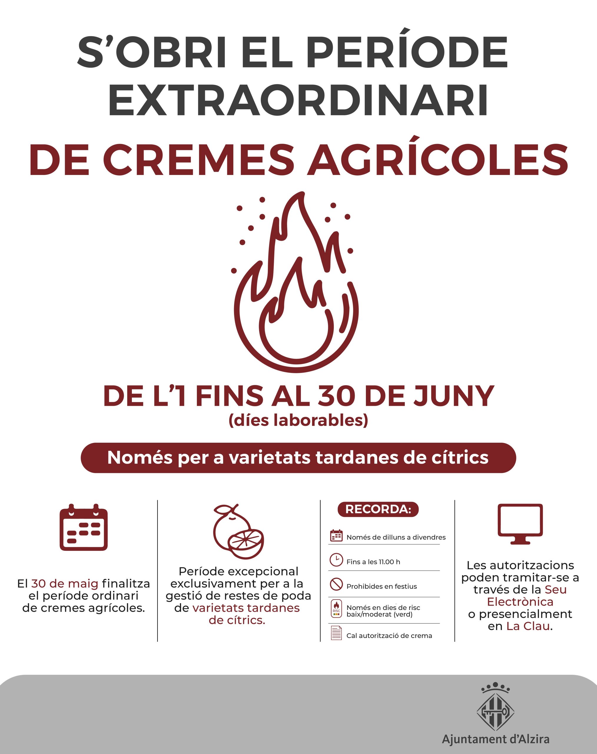 Es posa fi al període ordinari de cremes agrícoles el 30 de maig i es recorda que les autoritzacions actuals deixaran de tindre validesa