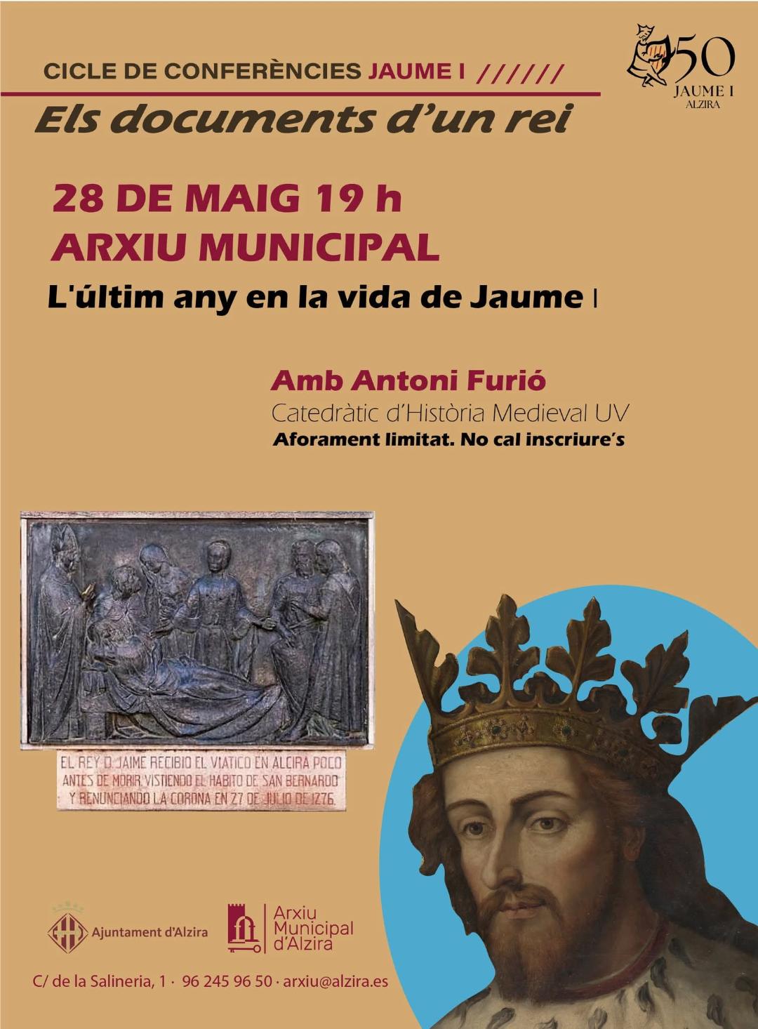 L’Arxiu Municipal d’Alzira acull este dijous una nova conferència del cicle de l’Any Jaume I centrada en els últims dies de la vida del monarca