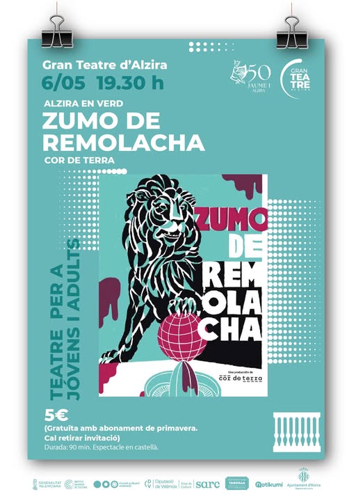 L’obra “Zumo de remolacha” amb un missatge climàtic, es representa esta vesprada al Gran Teatre d’Alzira dins de les jornades Alzira en Verd