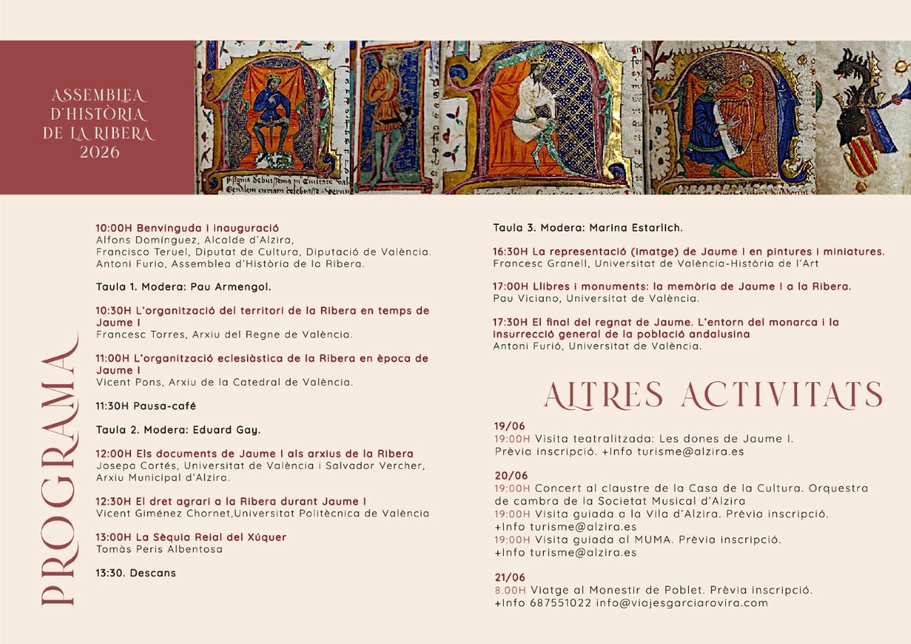 Alzira acollirà una assemblea extraordinària d’Història de la Ribera dedicada al 750 aniversari de la mort de Jaume I