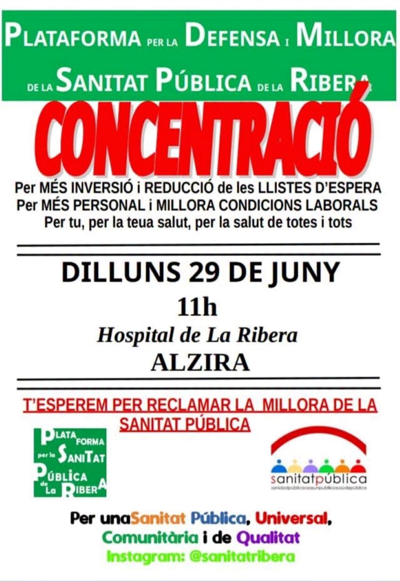 La Plataforma per la Sanitat Pública de la Ribera reclama més recursos i personal davant l’Hospital de La Ribera en una nova concentració
