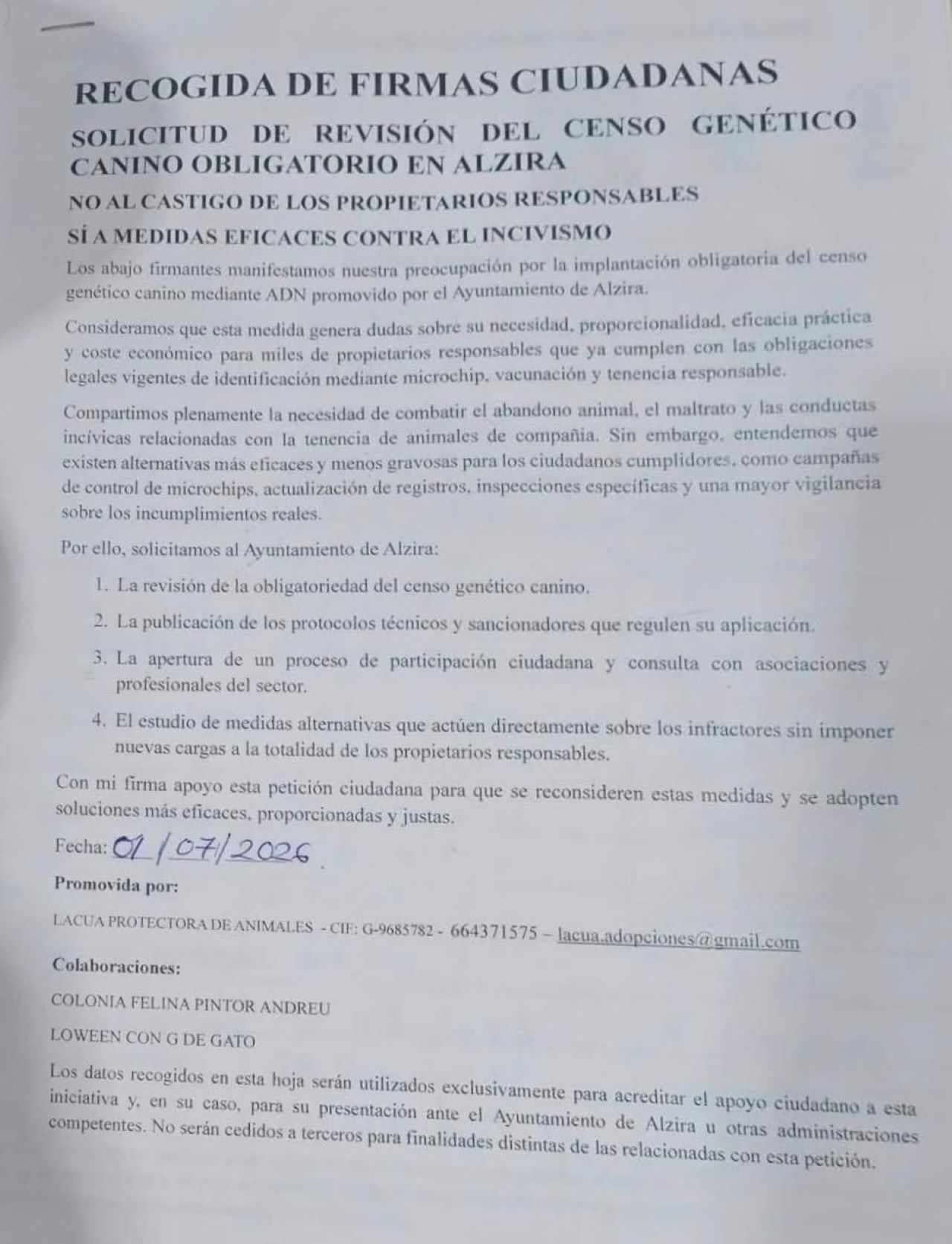 La protectora La Cua inicia una recollida de signatures per demanar a l’Ajuntament d’Alzira que revise l’obligatorietat del cens genètic caní