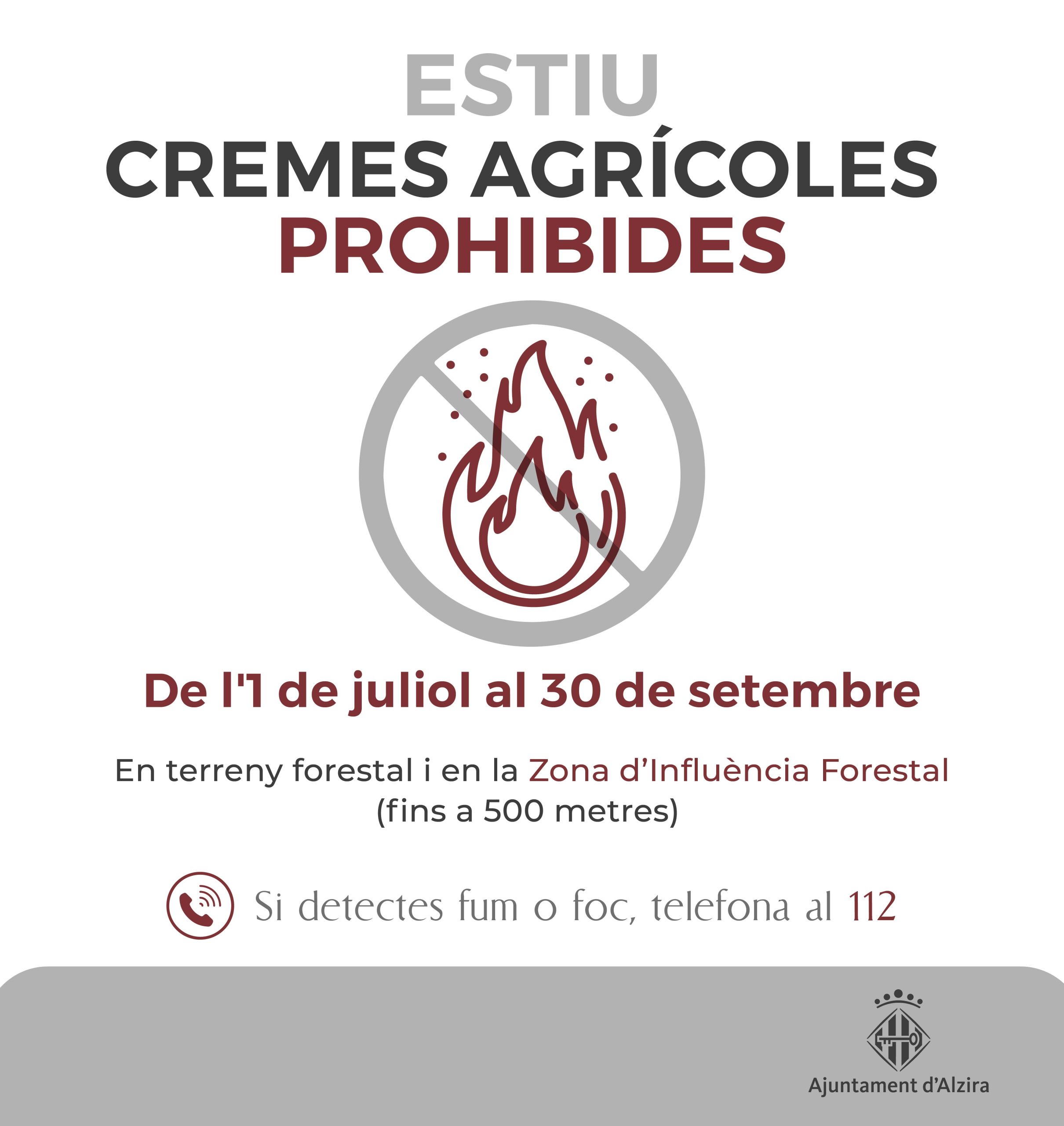 Alzira prohibix les cremes agrícoles a menys de 500 metres de zones forestals fins al 30 de setembre