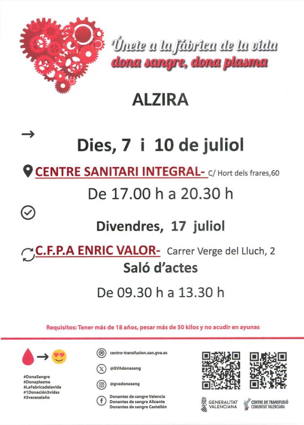 Alzira acull dos noves jornades de donació de sang per reforçar les reserves hospitalàries a l’estiu