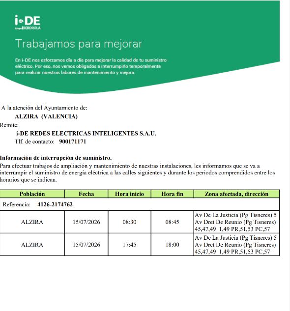Alzira patirà este dimecres dos talls de llum per treballs de manteniment i millora de la xarxa