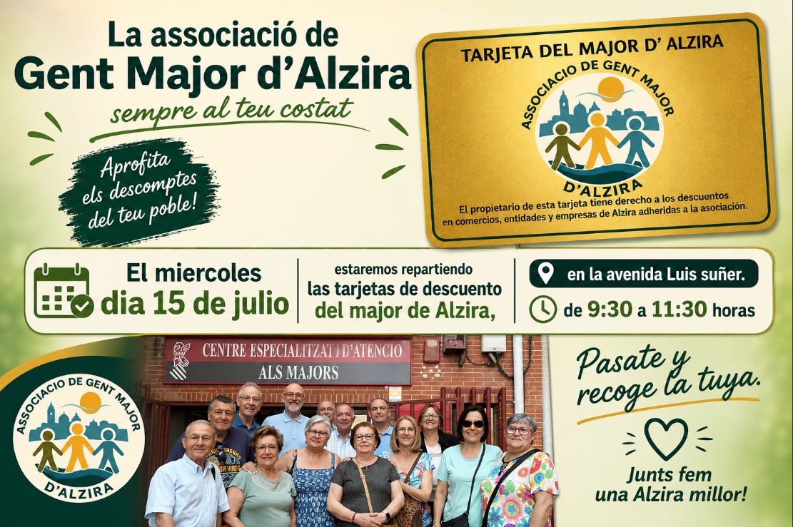 L’Associació de Gent Major d’Alzira repartirà la Targeta del Major per impulsar els avantatges per a les persones majors i donar suport al comerç local