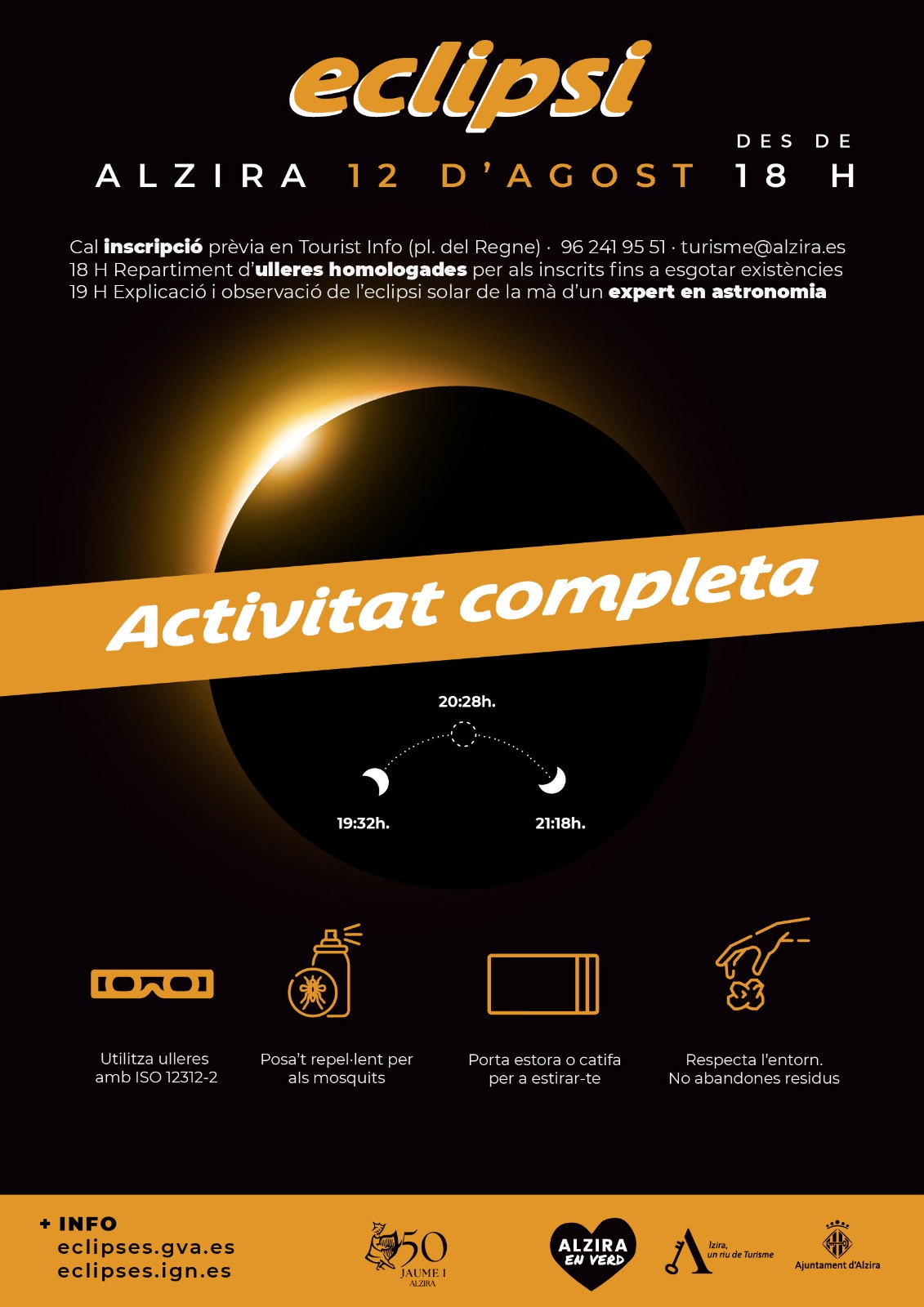 L’activitat d’observació de l’eclipsi del 12 d’agost completa l’aforament previst i l’Ajuntament d’Alzira recorda les recomanacions per gaudir del fenomen amb seguretat