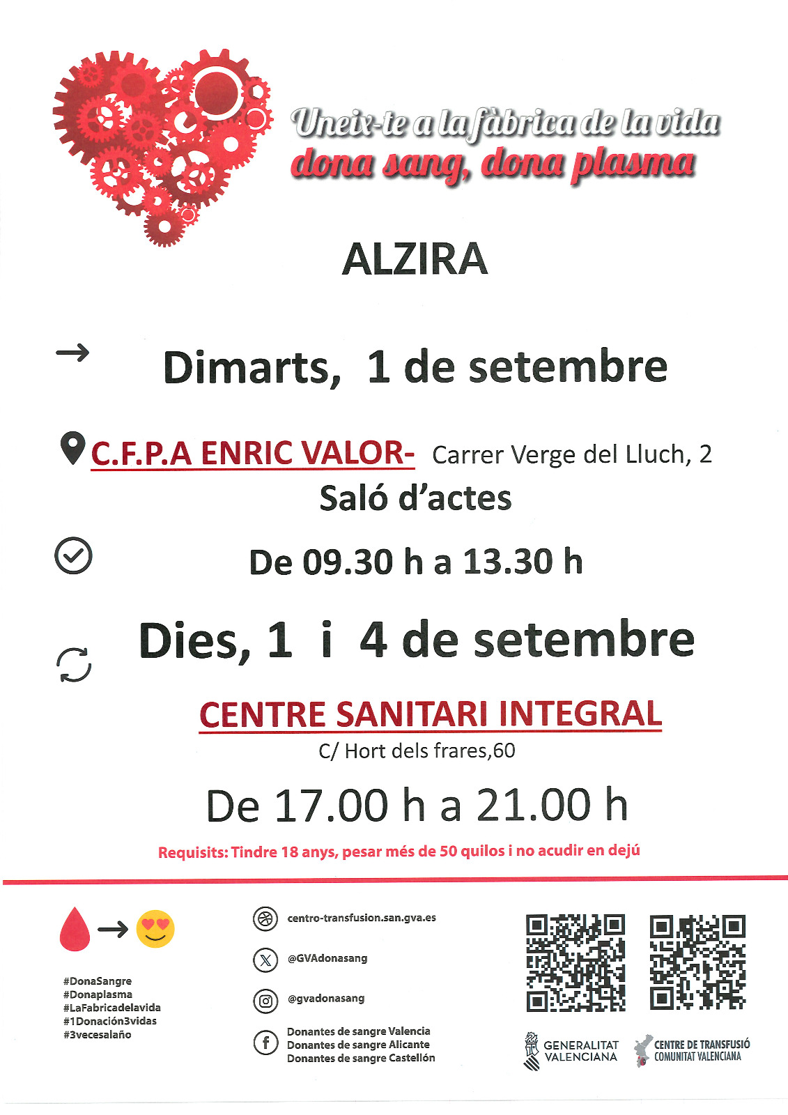 El C.F.P.A Enric Valor acull l’1 de setembre una nova jornada de donació de sang al seu saló d’actes de 09:30h a 13:00h