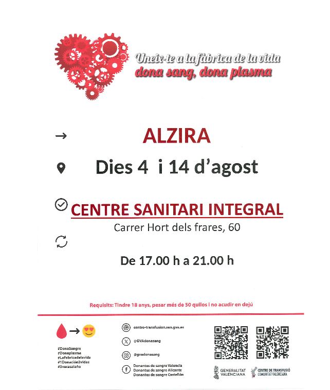 Hui tindrem una nova cita de donació de sang al Centre Sanitari Integral d’Alzira, de cinc de la vesprada a nou de la nit