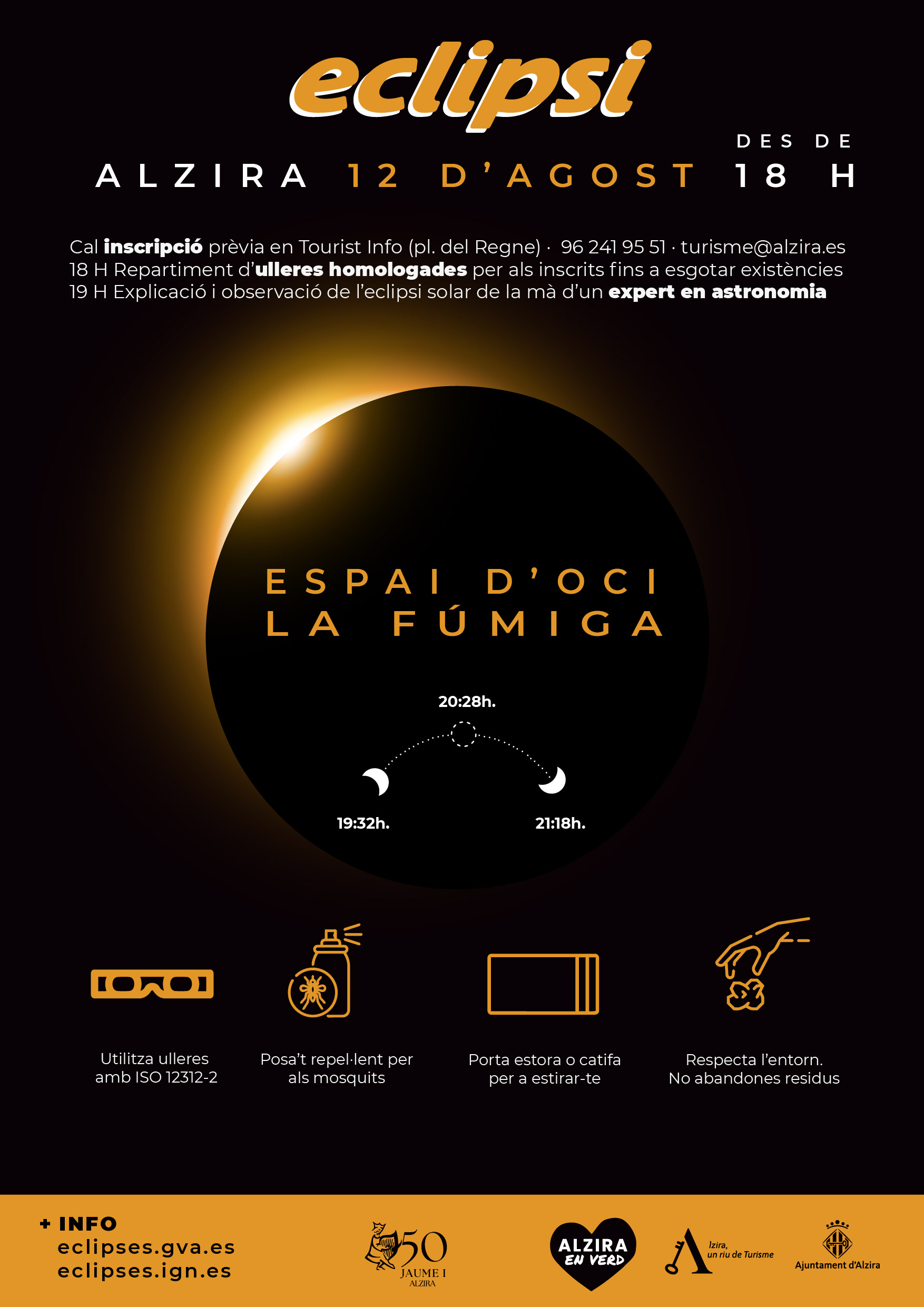 L’Ajuntament d’Alzira organitza una jornada d’observació de l’eclipsi solar del proper 12 d’Agost a l’Espai d’Oci La Fúmiga