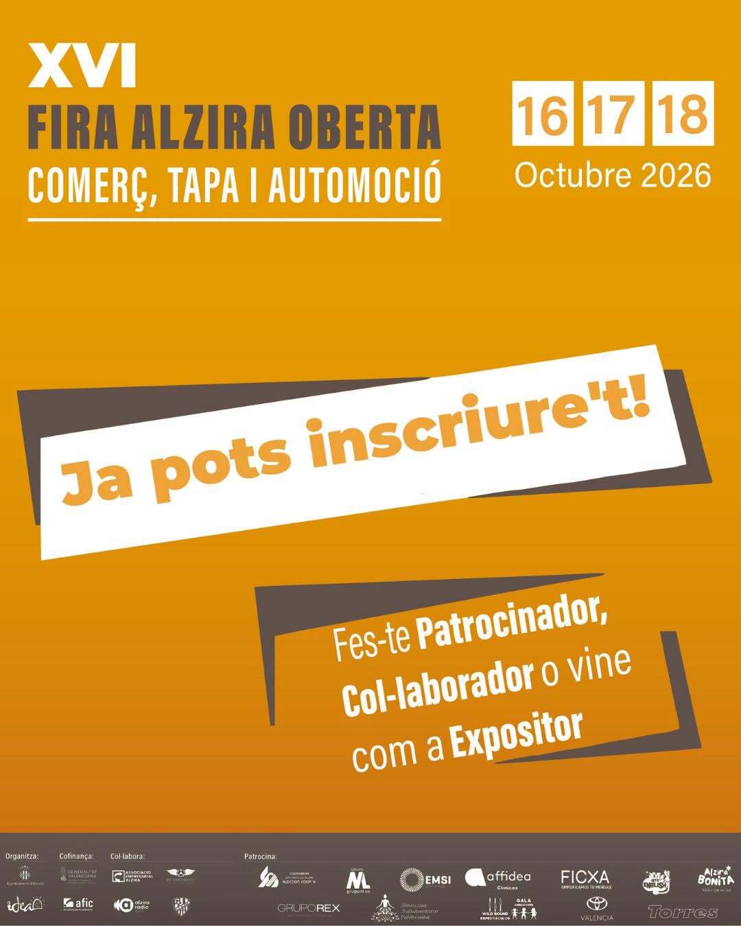 Continua obert el termini d’inscripció per a la XVI Edició de la Fira Alzira Oberta entre el 16 i 18 d’octubre de 2026