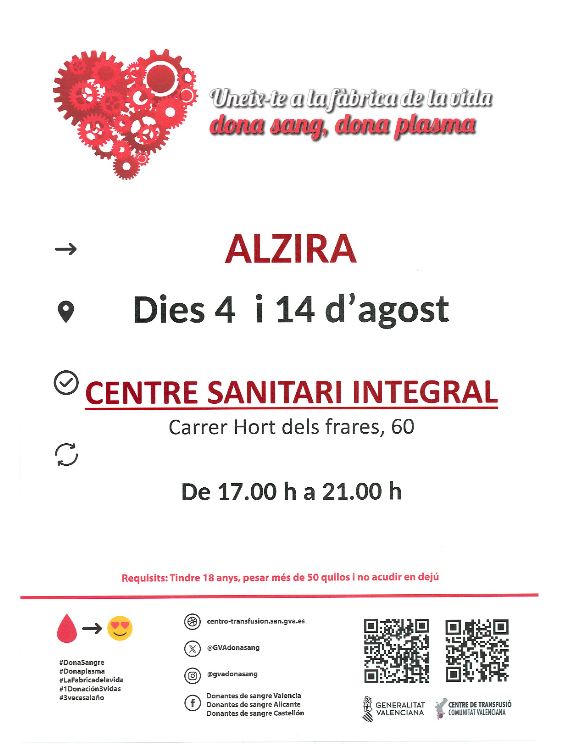 El Centre de Transfussions desplaça per a demà les seues unitats mòbils al centre de salut Hort dels Frares i recorda que   els hospitals valencians necessiten 650 donacions diàries